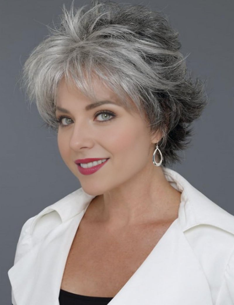 TISHINING Short Grey Curly Wigs for White Women Layered Silver Gray Pixie Cut Wig with Bangs Natural Looking Synthetic Salt and Pepper Wigs for Older Women